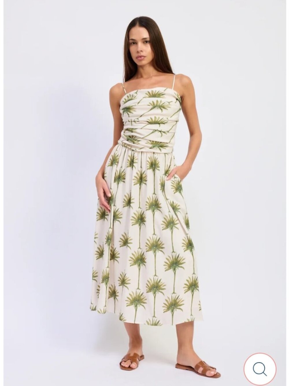 En Saison Sabrina Size S Maxi Dress Palm Tree Pleat Bodice Pockets Riviera Vacay